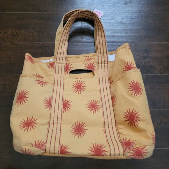 Free People Caravan Canvas Tote Sun Print Yellow Red Large Bag Boho Summer - Picture 2 of 9